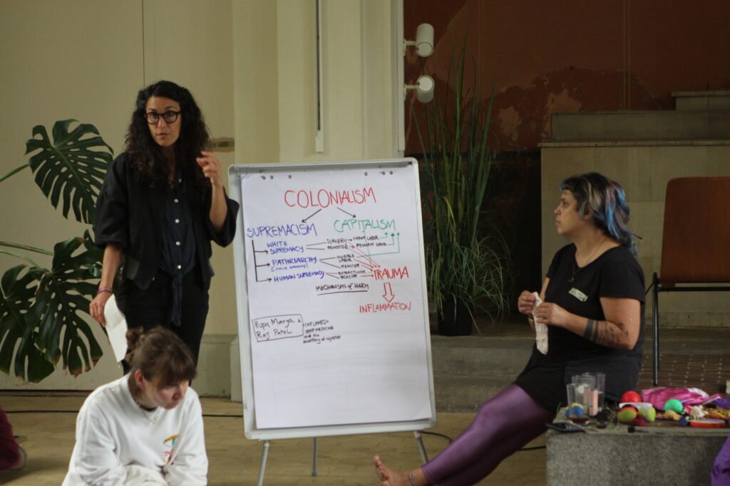 The picture shows two of the facilitators, Alice and Giulia, during an input. One of them is standing, one is sitting. Alice is talking about the connection of mental health in times of crisis and injustice. On the flipchart, there is the headline “Colonialism” with two arrows pointing down to “Supremacism” and “Capitalism” with smaller sub-categories which are hard to read. Then there is another arrow pointing to the word “Trauma” and “Inflammation”. This is a wording and concept they took from the book “Inflamed: Deep Medicine and the Anatomy of Injustice“ by Rupay Marya and Raj Patel. 