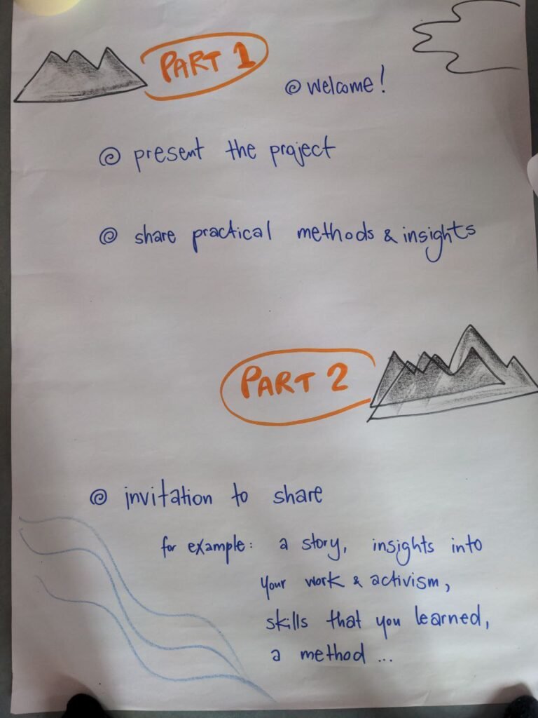 On the white sheet of paper there are mountains drawn with black pencils. There are two ig titles : part 1 and part 2, which represent a plan of the meeting. The p[lan consists of: welcome, present the project, share practical methods and insights, invitation to share, for example: a story, insights into your work and activism, skills that you learned, a method...