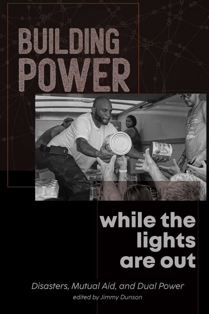 Black people handing out food cans to people. Building Power while the lights are out. Disaster, Mutual Aid and Dual Power