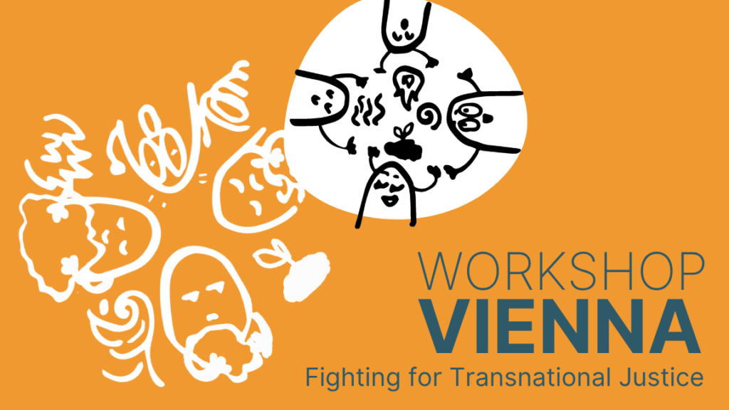 On orange background there is white illustrations. In one the figures fight about resources, in the second they share in Solidarity. The text says: Vienna Workshop Fighting for transnational Justice
