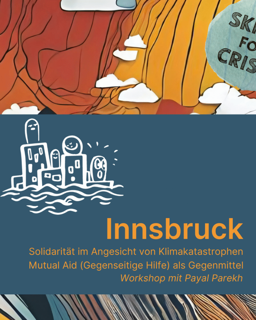 Slide auf der der Titel des Workshops „Solidarität im Angesicht von Klimakatastrophen” und der Veranstaltungsort „Innsbruck” angegeben sind. Das Design enthält das LOGO des Projekts, das aus verschiedenen Farben besteht, die mehrere Berg, ein Meer, Wolken und Natur darstellen.