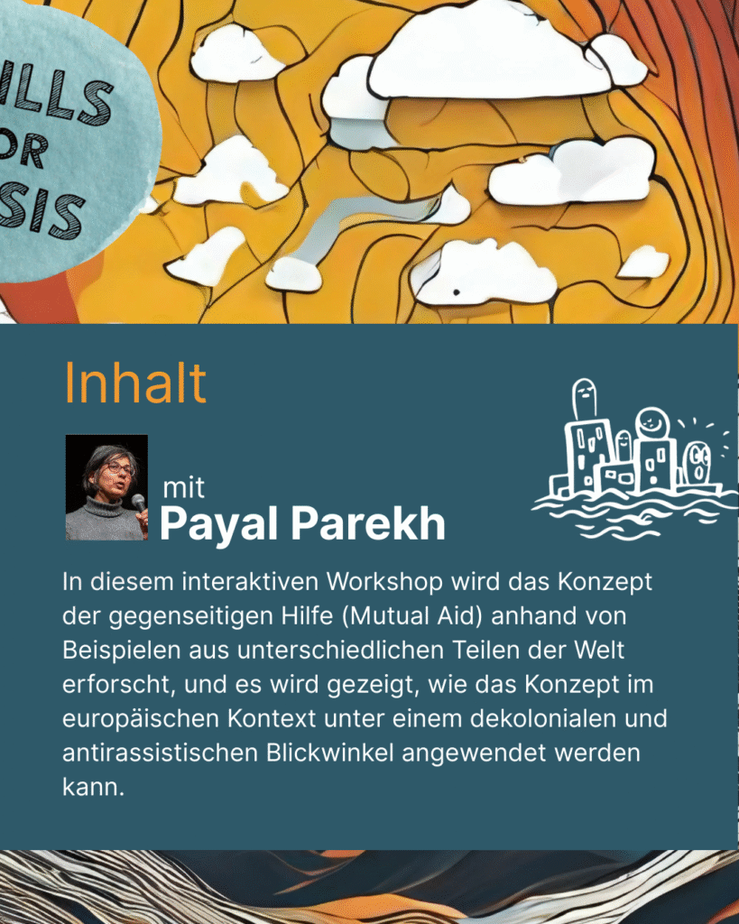 Zu sehen ist ein kleines Bild der Leiterin des Workshops, Payal Parekh, die in ein Mikrofon spricht neben der Beschreibung des Workshops.