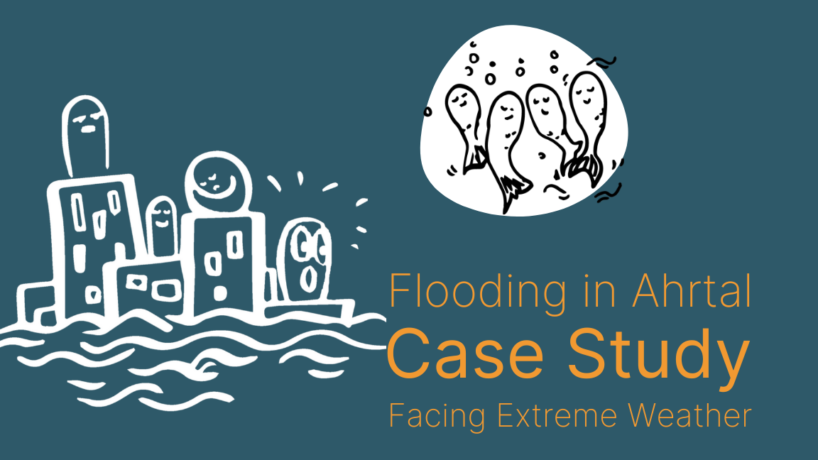 A dark blue background with white figures. One illustration showing them in need in high water, one as fishes in Solidarity. Text says: Flooding in Ahrtal Case Study