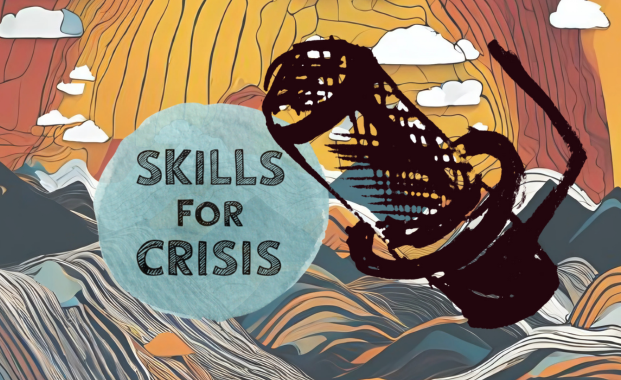 An abstract landscape, in front the skills for crisis Logo and a sketch of a Podcast Mic.